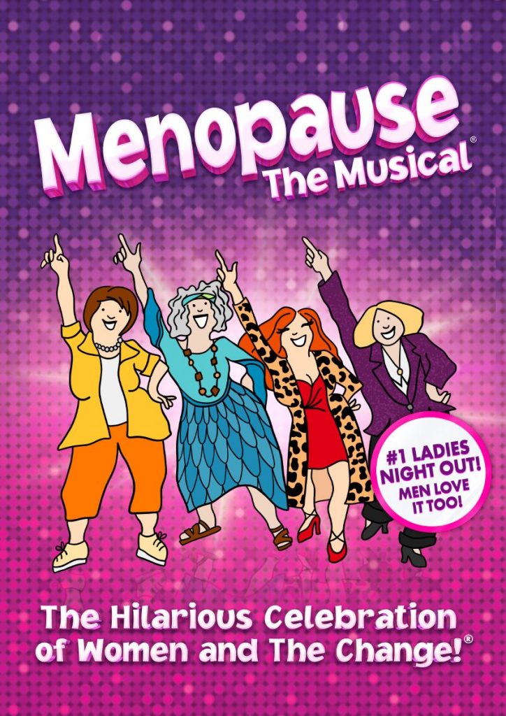 poster for Menopaue the Musical showing four animated drawings of performers with one hand raised as a celebration