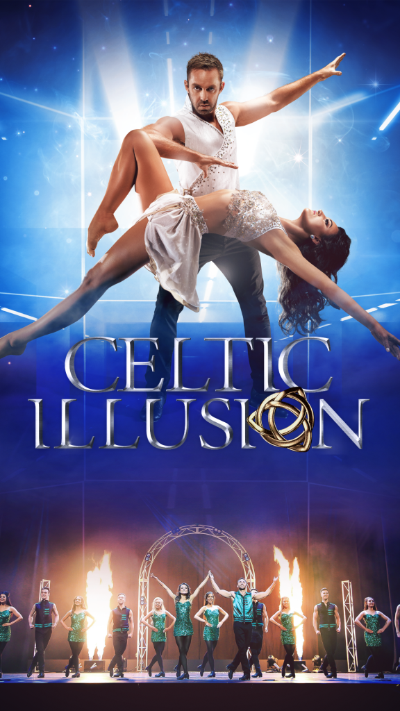 Poster for Celtic Illusion showing a magician hovering a woman in a horizontal position before him.